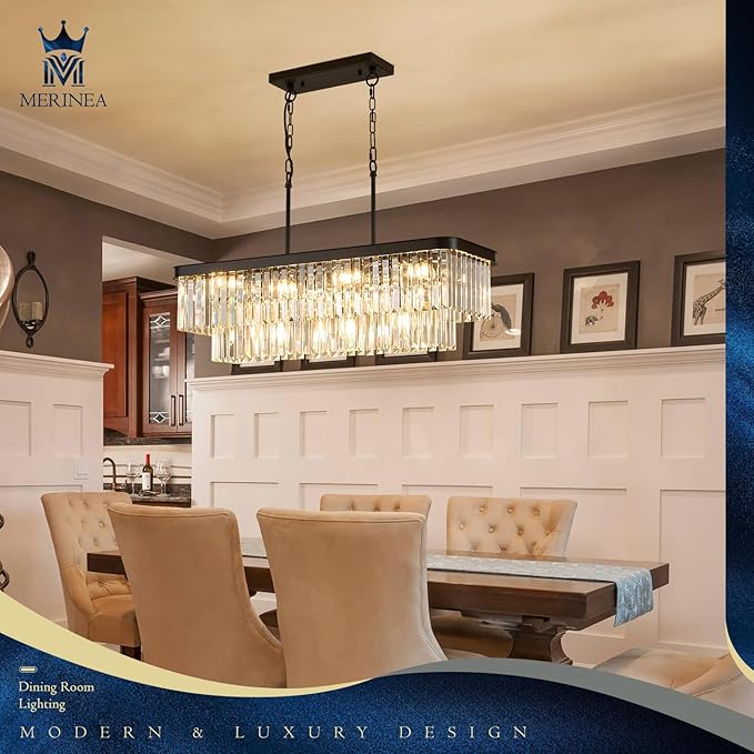 Modern Rectangular Crystal Chandeliers for Dining Room 11 Lights L33.5” Black Rectangle Chandelier Luxury K9 Crystal Ceiling Pendant Light Fixture for Kitchen Island Bar