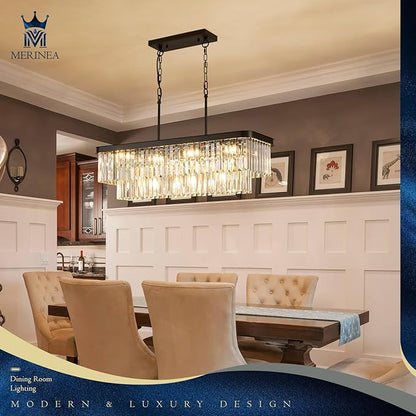 Modern Rectangular Crystal Chandeliers for Dining Room 11 Lights L33.5” Black Rectangle Chandelier Luxury K9 Crystal Ceiling Pendant Light Fixture for Kitchen Island Bar