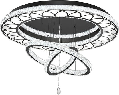Flashing God Dia 32" Modern Crystal Chandelier Crystal Black Ceiling Light Fixtures LED Flush Mount Ceiling Light for Living Room Bedrooms Dining Room Dimmable 2700k 4500k 6000k