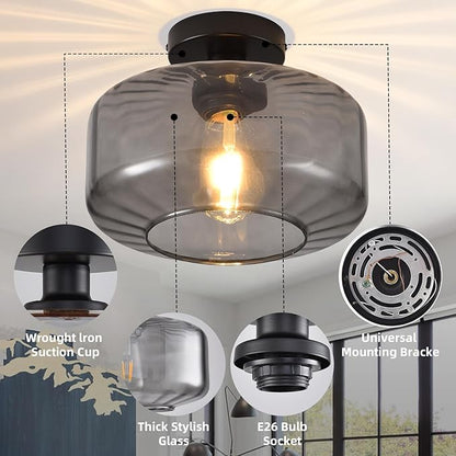 Glass Semi Flush Mount Ceiling Light, Modern Close to Ceiling Light Fixtures with Smoke Grey Glass Shade, Light Fixtures Ceiling Mount for Bathroom Dining Room Bedroom Living Room Hallway, E26 Base