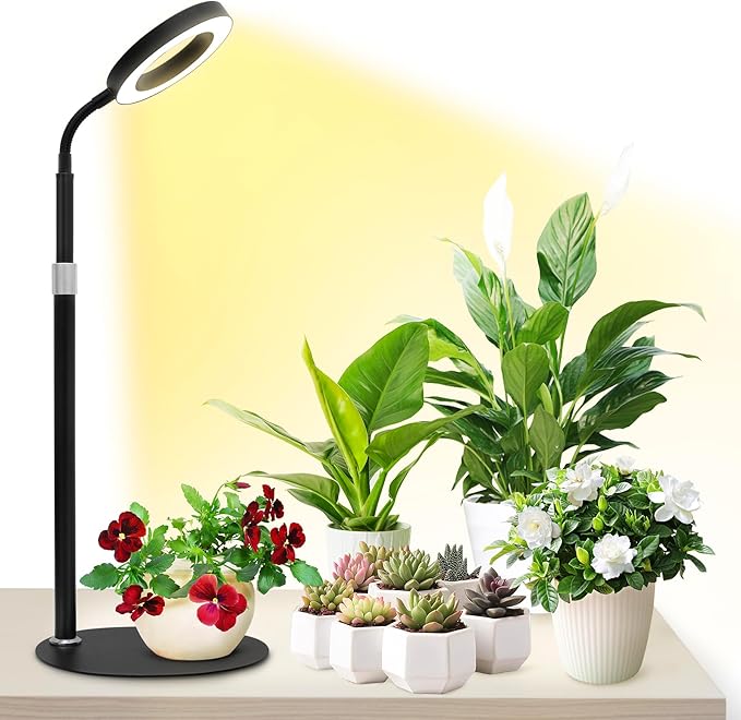 Desk Grow Lights for Indoor Plants, Red Blue Full Spectrum Desktop LED Plant Growing Lamps, Height Adjustable 13.7-24.2inch, 3/9/12H Auto Timer,10 Levels Dimmable, Black Table Growth Light