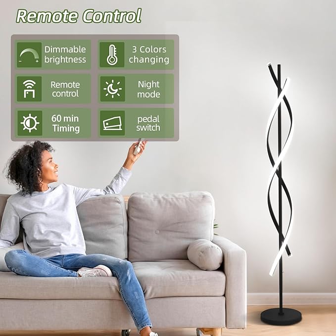 ADISUN 40W LED Floor Lamp Remote Control Dimmable Spiral Floor Lamp Indoor Tall Lamp Floor Lamps for Living Rooms Family Rooms Bedrooms Offices Lighting (Black)
