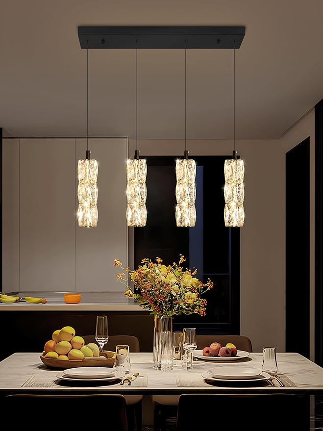 ykolupty Dining Room Light Fixture 4-Light Black Kitchen Island Lighting Industrial Linear Chandeliers for Dining Room Pendant Light Fixture for Living Room Hallway Bedroom 2700K-6000K