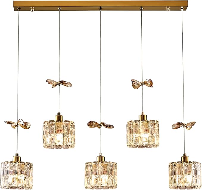 BADUO Island Lights for Kitchen, 5-Light Kitchen Island Lighting with Adjustable Rods, Luxury Gold Crystal Pendant Lighting Hanging, Modern Linear Chandelier for Dinning Room Light Fixture