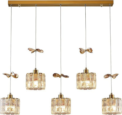 BADUO Island Lights for Kitchen, 5-Light Kitchen Island Lighting with Adjustable Rods, Luxury Gold Crystal Pendant Lighting Hanging, Modern Linear Chandelier for Dinning Room Light Fixture