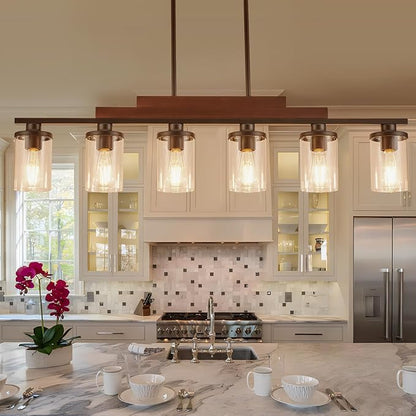 Farmhouse Chandelier 6-Light Dining Room Light Fixture Over Table Kitchen Island Lighting Rustic Chandeliers for Dining Light with Glass Shade Wood Pendant Lights Kitchen Island