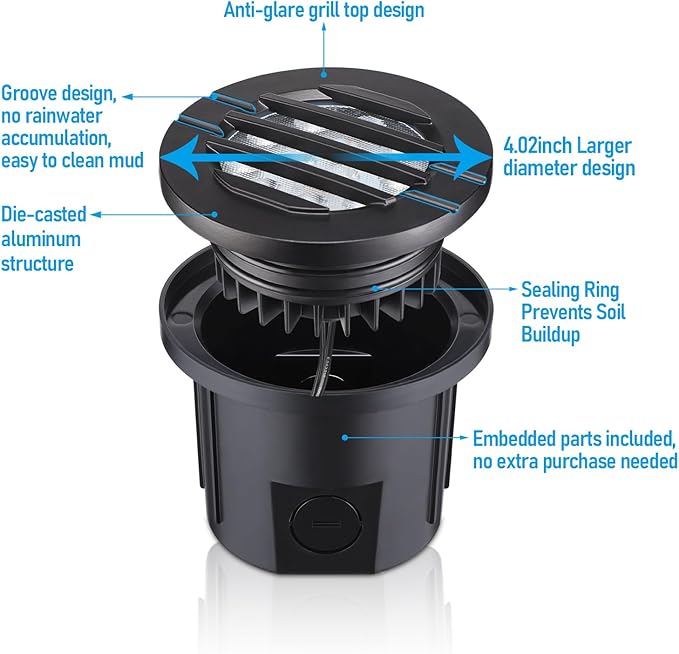 LEONLITE Dia. 4 Inch Well Lights Landscape LED In Ground, Grated Top, 5 Color Temperature Selectable, 12-24V AC/DC CRI90 Low Voltage Garden Landscaping, Black Aluminum Housing, Pack of 6