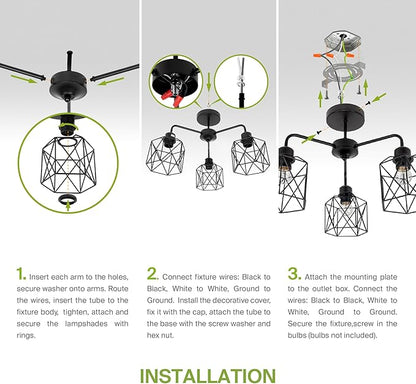 ASD Black Chandelier Semi Flush Mount Ceiling Light Fixture- 3xE26 120V ETL Modern Light Fixtures Ceiling Mount, Semi Flush Mount Chandelier for Entryway, Bedroom, Foyer Lighting Fixtures
