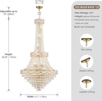 25-Light Gold Crystal Chandelier, 3-Layer High Ceiling Hanging Chandeliers Modern Large Chandeliers Light Fixture for High Ceilings,Entryway,Foyer,Staircase,Hallway,Living Room(H60 x D31)