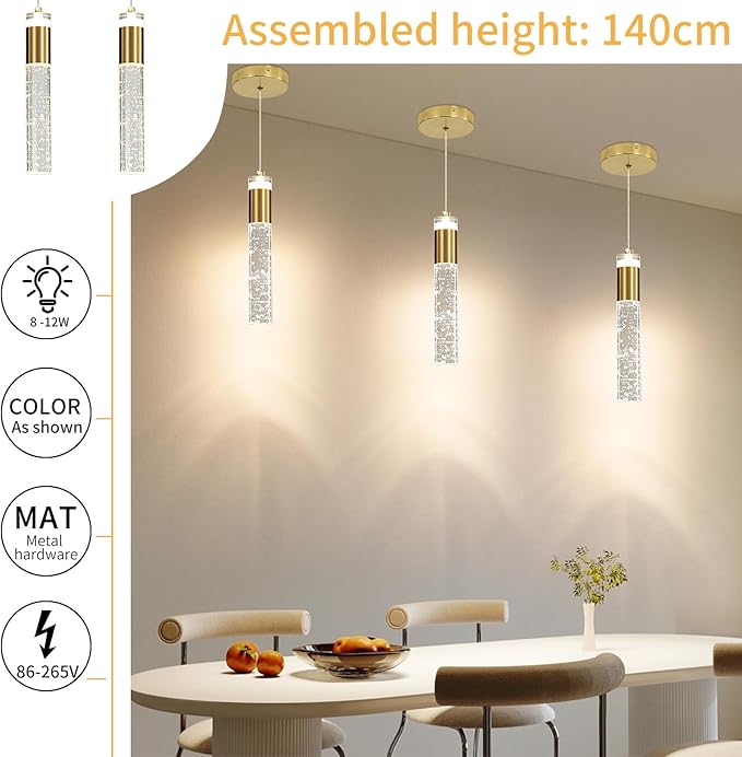 Modern Kitchen Island Pendant Lights, Gold Bubble Crystal Ceiling Hanging Light, 3 Color 2700K/4500K/6500K, Mini Linear LED Chandelier Lighting for Dining Room, Bedroom, Bar, Hallway, Bedside