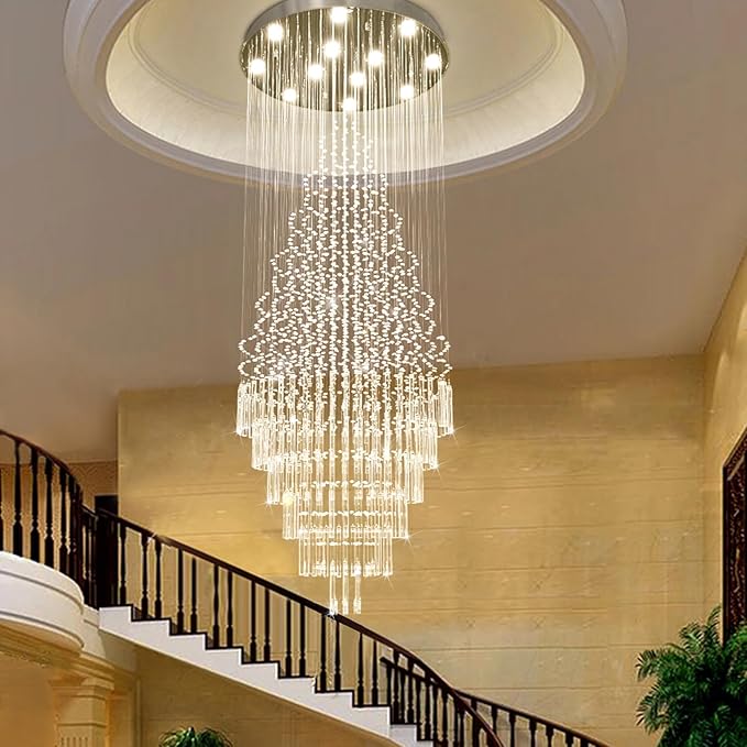 Luxury Large Foyer Chandelier, Modern 12-Lights Round Raindrop Crystal Chandeliers High Ceiling Flush Mount Light Fixtures for Hallway, Entryway, Stairs,Front Entrance D31.5 X H86.7 of CRYSTOP