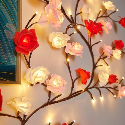 Rose LED Tree Branch Lights for Wall,Rose Blossom Willow Vine Branch Room Decor Gift,Flexible DIY Design,with 72 LED Lights and Remote,8 Lighting Modes,for Bedroom and Wall Decor (63inch)