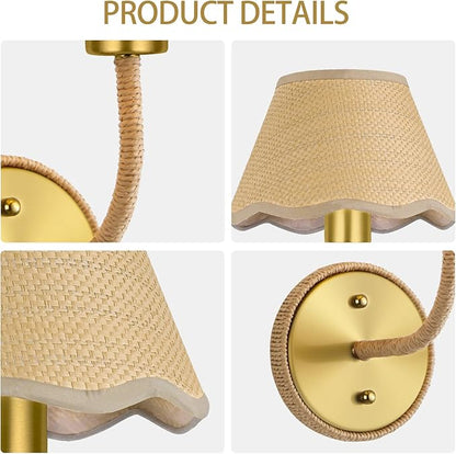 Boho Hand Woven Rattan Wall Sconces Set of Two Gold Rustic Wall Lamp Hardwire Brass Farmhouse Wall Mount Lights for Bedroom Living Room Hallway Vanity