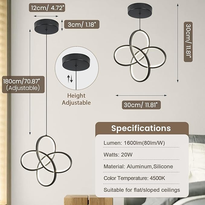 Black Pendant Lighting, 4500K Modern Pendant Light Kitchen Island, Height Adjustable Hanging Pendant Light Fixtures for Dining Room Kitchen Sink Bedroom Hallway,1 Pack