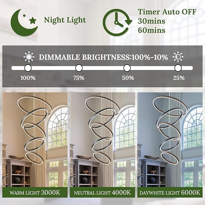 LED 5-Ring Chandelier for High Ceiling Foyer Chandelier with Remote Control Dimmable Circle Round Light Fixture Modern Wood & Black Ring Chandeliers for High Ceiling Living Room Entry, 100W