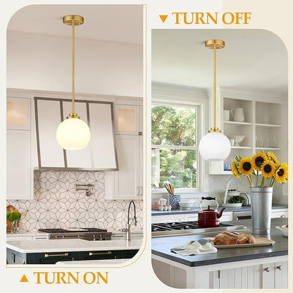 1 Pack 7.2-Inch Globe Pendant Lights, Mid Century Gold Pendant Light Fixtures, Globe Pendant Lights Kitchen Island with Milk Glass Shade Adjustable Hanging Fixture for Dining Room (Bulbs not Included)