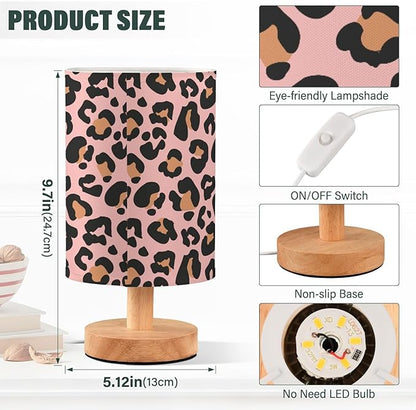 Bedside Table Lamp Pink Leopard Nightstand Lamp with Wood Animal Cheetah Print Desk Lamps for Bedroom Living Room Nursery Office Home Decor
