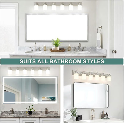 IZORRO Bathroom Vanity Light Fixture, 6-Light 46 Inch Brushed Nickel Bathroom Light Fixtures Over Mirror, with White Glass Shade, Modern Farmhouse Vanity Lights, Rustic Restroom Lighting Fixtures