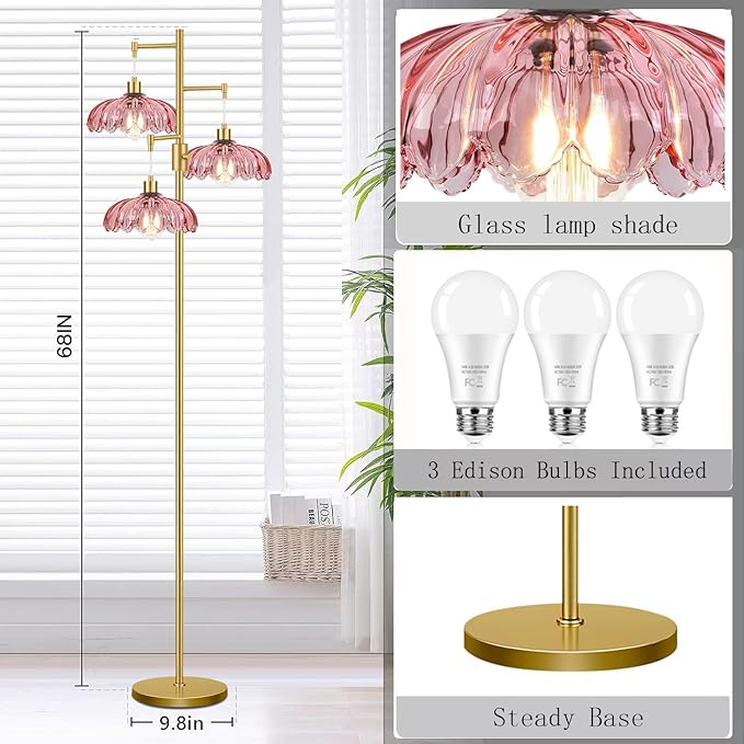 ZECOXOL Gold Floor Lamps for Living Room-3 Light Dimmable Floor Lamp with Three Bulbs & Glass Lampshape, Mid Century Modern Standing Lamp Tree Tall Flower Floor Lamp for Bedroom Living Room,Corner