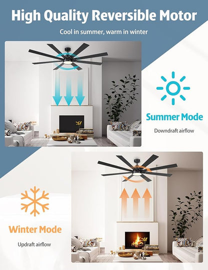 72 Inch Large Ceiling Fans with Lights and Remote - Matte Black Ceiling Fan with light, Quiet DC Motor, 3 CCT, Dimmable Modern Indoor Outdoor Ceiling Fans for Patios Living Room (Upgraded)