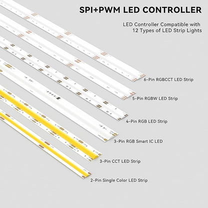MIWISE LED Controller Smart LED Driver Dimmer WiFi+Bluetooth Dimmable 12-in-1 for PWM+SPI COB/SMD/5050 LED Strip Lights Single Color CCT RGB RGBW RGBCCT Tape Light DC5V 12V 24V,Work with Alexa/Google