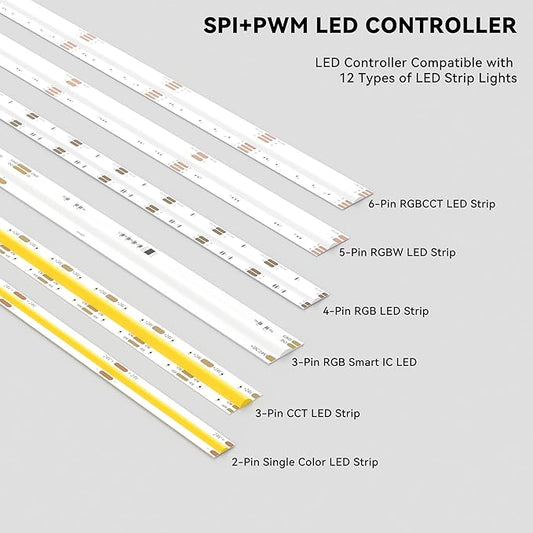 MIWISE LED Controller Smart LED Driver Dimmer WiFi+Bluetooth Dimmable 12-in-1 for PWM+SPI COB/SMD/5050 LED Strip Lights Single Color CCT RGB RGBW RGBCCT Tape Light DC5V 12V 24V,Work with Alexa/Google