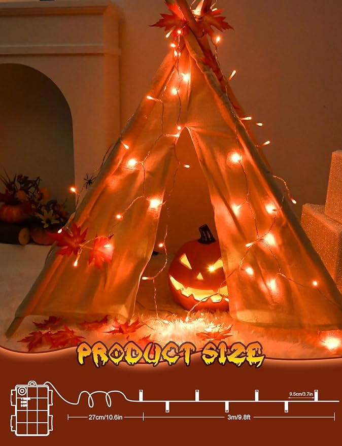 Cshare Halloween String Lights Battery Operated With Timer - 9.8ft 30LED Orange Waterproof Lights for Outside Decorations, Party, Yard, Pathway, Indoor and Outdoor