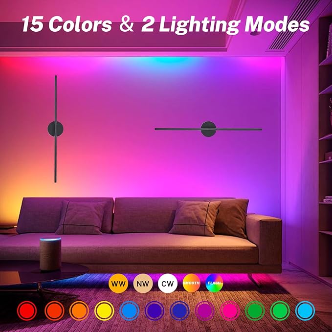 8000mah Detachable Battery Operated Wall Sconces Set of two, 32 Inch Rechargeable Wall Sconce With Remote & Touch, RGB 15 Colors Dimmable Wireless lamp for Bedroom, Living Room, Hallway Decor, Black