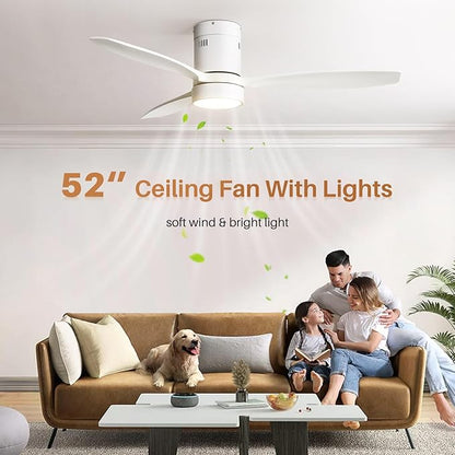 Sofucor 52 Inch Ceiling Fans with Lights and Remote, Modern Wood Low Profile Flush Mount Quiet White Ceiling Fan for Bedroom, Reversible DC Moto for Living Room/Farmhouse/Patio/Indoor/Outdoor