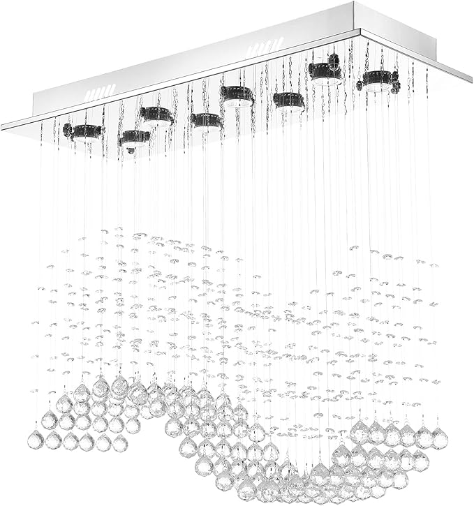 Rectangular Wave Raindrop Chandelier, Flush Mount Crystal Chandelier, Rectangle Pendant Ceiling Light Fixture for Dining Room,Kitchen Island, Living Room, L31.5×W11.8×H32.3