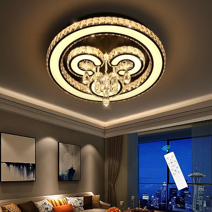 HAIXIANG Modern Glam Chandelier LED Crystal Light Interior Luxury Ceiling Chandeliers Remote Dimmable Lights Fixture 24 Inches Black Light
