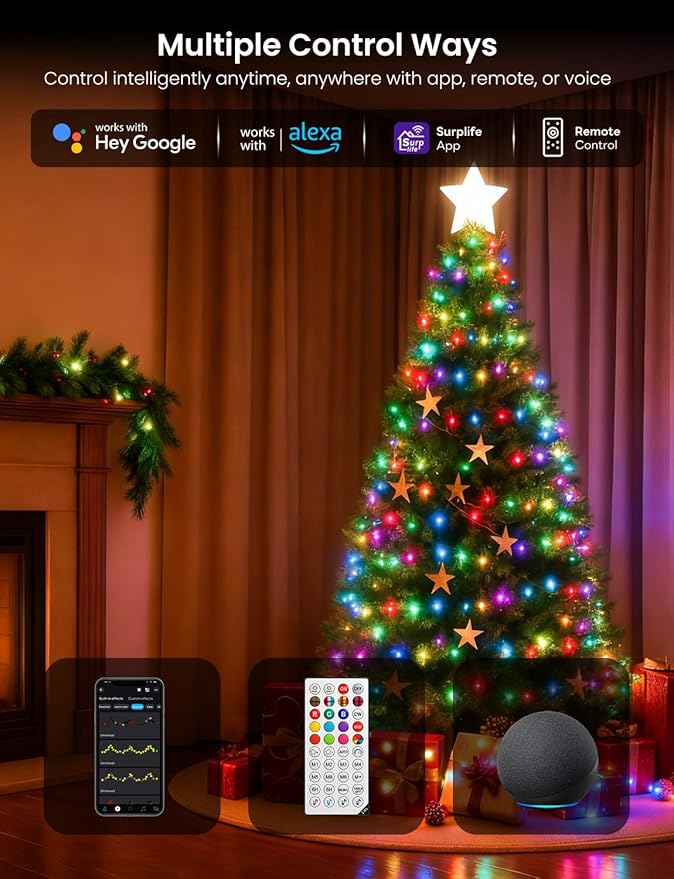 Smart RGB+IC String Lights with 200 LED, Indoor Color Changing Christmas Lights, APP & Remote Control, 84 Scenes, Music Mode, Christmas Tree Decor