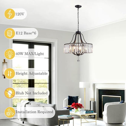 Black Crystal Chandelier 6-Light Modern Farmhouse Dining Room Light Fixtures Over Table Round Large Hanging Light for Living Room Kitchen Hallway Bedroom Foyer 21.7 Inch