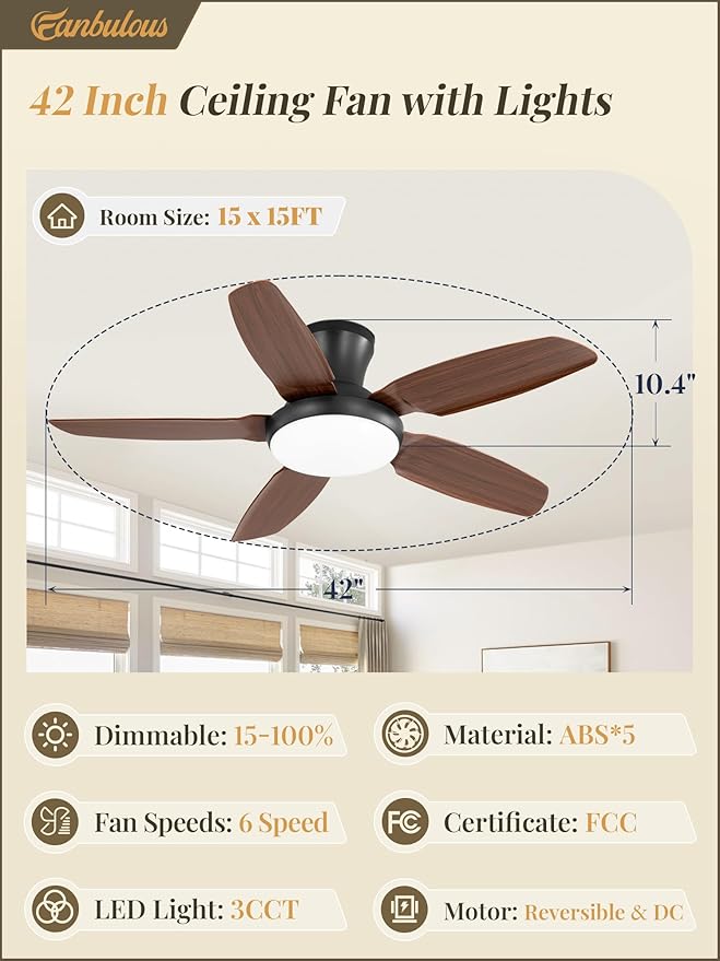 Fanbulous Ceiling Fans with Lights, 42 inch Low Profile Flush Mount Ceiling Fan with Remote/APP Control,Black Modern Ceiling Fan with LED Light for Bedroom Indoor Outdoor-LED Dimmable, 3CCT, 6 Speeds