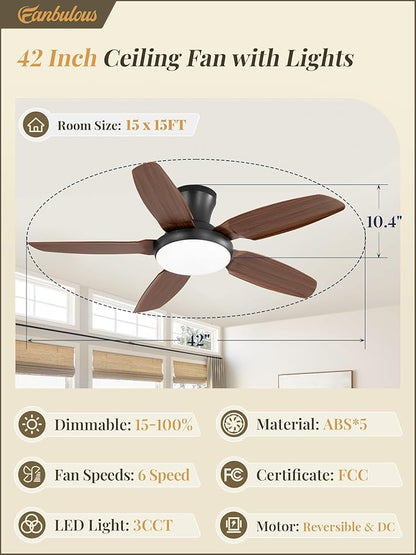 Fanbulous Ceiling Fans with Lights, 42 inch Low Profile Flush Mount Ceiling Fan with Remote/APP Control,Black Modern Ceiling Fan with LED Light for Bedroom Indoor Outdoor-LED Dimmable, 3CCT, 6 Speeds