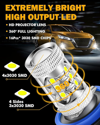 Auxbeam H11 Fog Light Bulbs, 8000LM 6500K Bright White 400% Brightness H8 H9 Fog Lights Replacement,1:1 Size, Plug-N-Play, Pack of 2