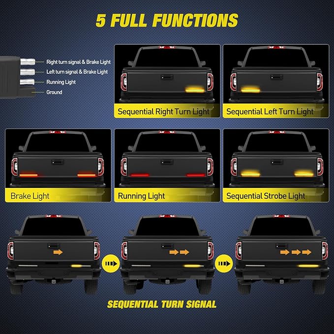 Nilight Truck Tailgate Light Strip 7 Inch Aluminum Frame Double Row 60 LED Red Running Brake Amber Sequential Turn Signals Strobe Lights Bar for Trailer Hitch Cargo Carrier Luggage Rack