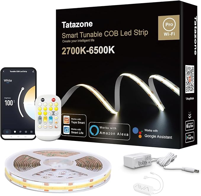 Tatazone 4.92ft Tunable White Smart COB Led Strip Light Kit, CCT 2700K-6500K Bright COB Led Tape Light Compatible with Alexa and Google, Dimmable Indoor COB Led Ribbon for Kitchen Cabinet, Room, TV