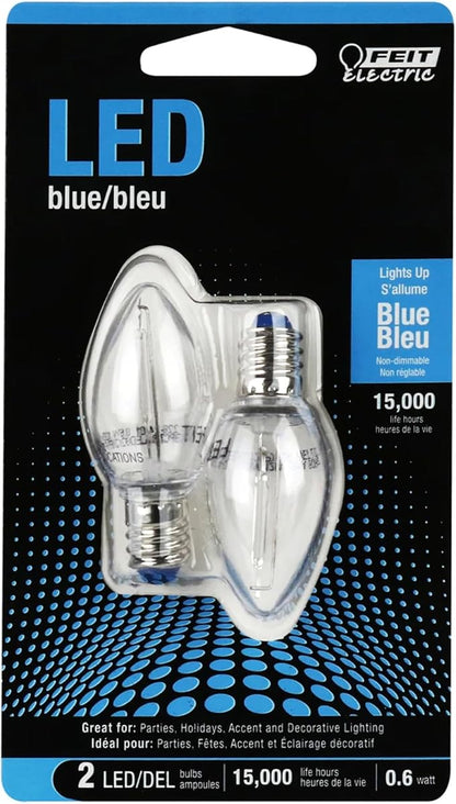 Feit Electric BPC7/B/LEDG2/2/6 7W Equivalent 0.5 Watt Candelabra Base Holiday Party Decorative LED C7 Light Bulb, 2.15" H x 1" D, Blue, 12