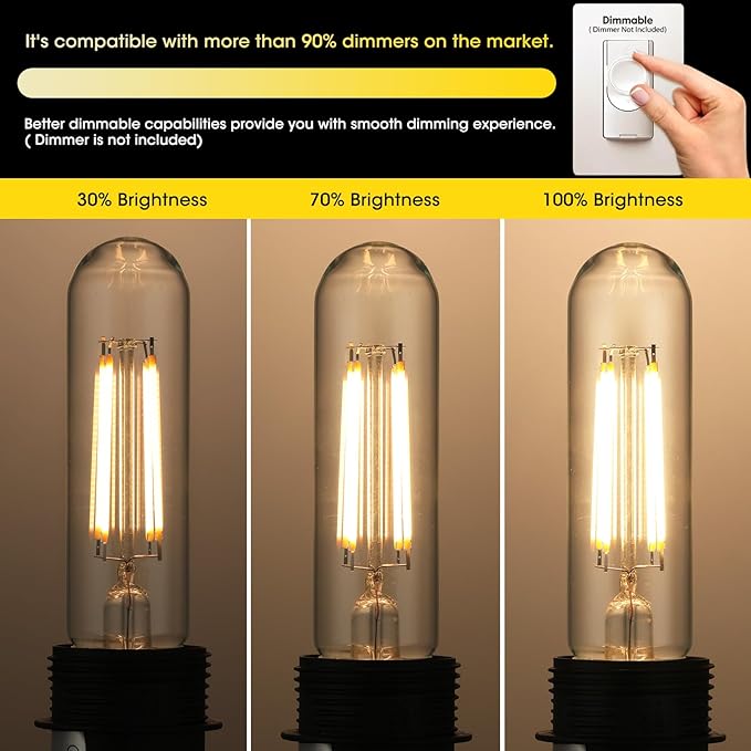 Gozelux Dimmable E26 Edison Bulb, AC120V Warm White 2700K Light Bulbs, 6W Equal 60 watt 750LM Tubular T10 LED for Rustic Pendant, Chandeliers, Wall Sconces,Vanity, Pack of 4