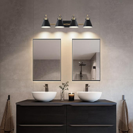 PAZALA Black and Gold Vanity Light, 4-Lights Farmhouse Vanity Light, Bathroom Light Fixtures Over Mirror, 24inch Modern Bathroom Wall lamp for Bath Mirror Living Room Cabinet Bedroom
