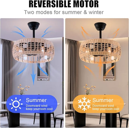 18.2" Rattan Ceiling Fan with Lights 4-Light Boho Caged Ceiling Fandelier with Light Reversible Brown Wicker Flush Mount Fan Pendant Light Remote for Bedroom Kitchen Dining/Living Room Hallway