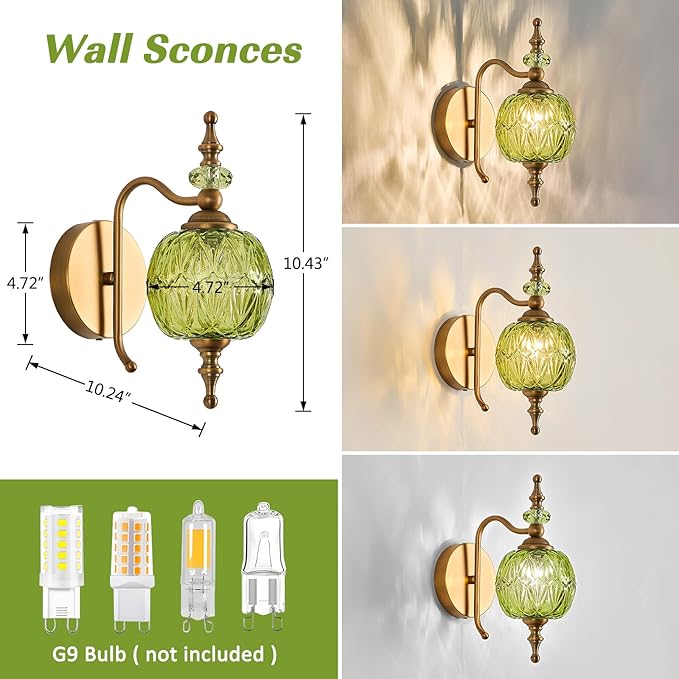 Vintage Bathroom Wall Sconces,Green 1-Light Wall Light Fixtures with Crystal Glass Shade for Bedroom Living Room Kitchen Hallway