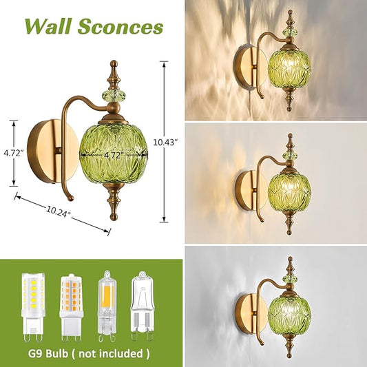 Vintage Bathroom Wall Sconces,Green 1-Light Wall Light Fixtures with Crystal Glass Shade for Bedroom Living Room Kitchen Hallway