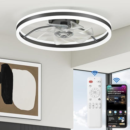 Ceiling Fans with Lights and Remote, 20" Low Profile Ceiling Fan, Dimmable Modern Flush Mount LED Fan Light, 6 Wind Speeds, Black Fandelier Ceiling Fans for Bedroom (Black)