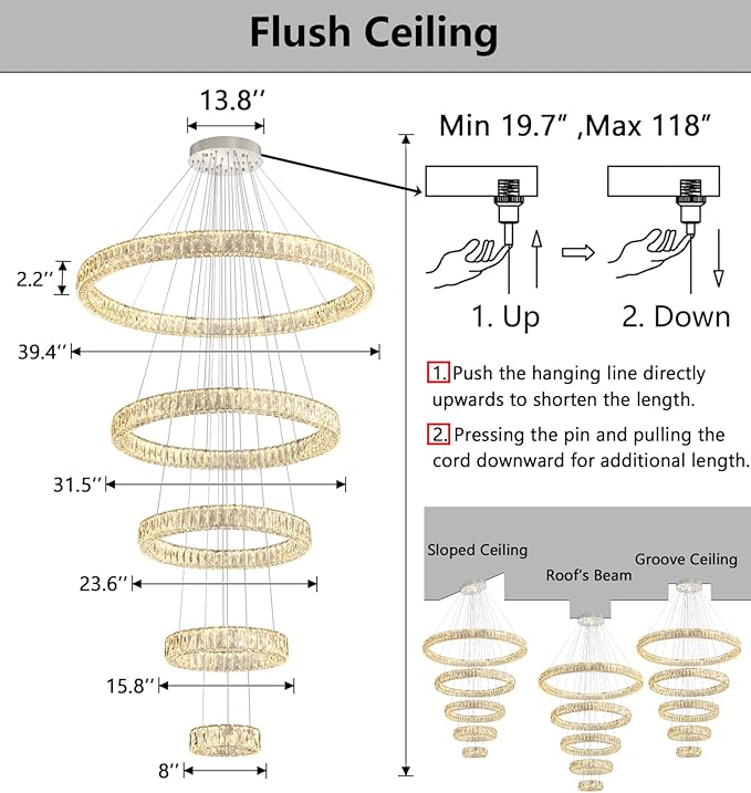 HAIXIANG 5-Rings Modern Chandelier with LED Dimmable Lights Crystal High Ceiling Chandeliers Lighting for Living Room Foyer Entryway Luxury Indoor Light Silver Fixtures