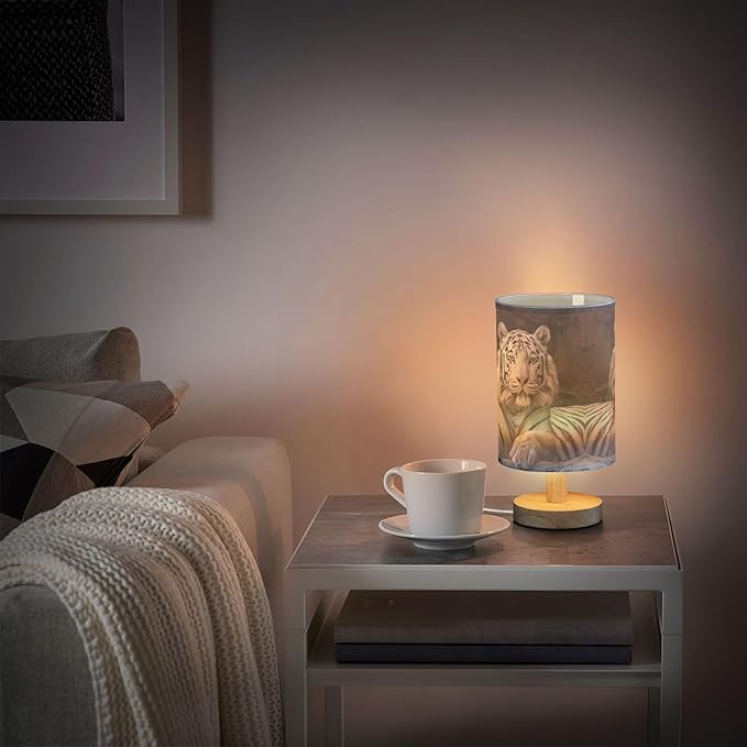 White Tiger Table Lamp with Wood Base Fabric Lamp Shade Bedside Nightstand Desk Lamp for Living Room Bedroom Kids Room Office
