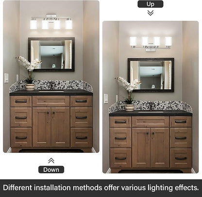FonmYim Brushed Nickel Bathroom Light Fixtures, 4-Light Modern Vanity Light Over Mirror, Wall Sconces with Milky White Frosted Glass Shades, E26 Socket (Bulbs Not Included)