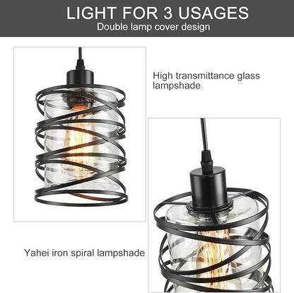 3 Pack Pendant Light Kitchen Island Pendant Lighting, Glass Hanging Light with Spiral Cage Clear Glass Shade, Black Modern Indoor Hanging Lamp