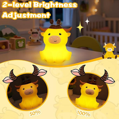 OkiyiD Highland Cow Night Light, Cute Animal Silicone Touch Cow Lamp, Highland Cow Gifts for Boys Girls Women Christmas, Dimmable Soft Glow Bedside Lamp for Nursery Bedroom Decor
